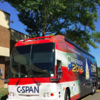 <p>The C-SPAN Campaign 2016 Bus that was at Westhill High School on Thursday. The bus travels the country visiting schools, universities and political events.</p>