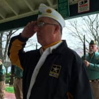 <p>Dave Gallagher, commander of Sutter-Terlizzi American Legion Post 16, salutes during the Veterans Day ceremony in Shelton on Wednesday.</p>