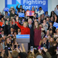 <p>Chappaqua&#x27;s Hillary Clinton, with husband and former President Bill Clinton, and daughter Chelsea Clinton addressing supporters late Monday night.</p>