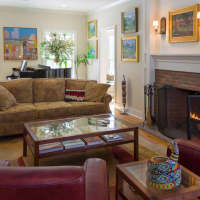 <p>The living room includes a fireplace.</p>