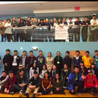 <p>Students from China pose with students from Pelham Memorial High School.</p>