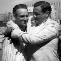 <p>Yankee Hall-of-Famers Lee Gehrig, left, and Babe Ruth.</p>