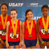 <p>Left to right are Aaliyah Novas, Sofia Whelchel, Mariana Teixeira and Briana Gilliard, the Danbury Flyers 4 x 400 relay that finished fourth at Hershey Nationals.</p>