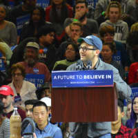 <p>Anti-fracking activist Josh Fox campaigns for Bernie Sanders at a rally at Marist College.</p>