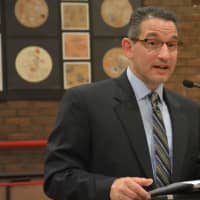 <p>Dr. Christopher Manno addresses the audience shortly after Bedford Central&#x27;s school board voted to appoint him as the next schools superintendent.</p>