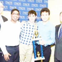 <p>Jonathan Hill, interim dean of Pace University’s Seidenberg School of Computer Science &amp; Information Systems (left) with Mamaroneck High School teacher Jigar Jadav and winning students Sam Blumberg and Imax Bobby, and County Executive Rob Astorino.</p>