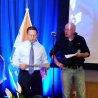 <p>Westchester County Executive Rob Astorino, left, and Communications Director Ned McCormack make final preparations.</p>