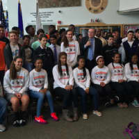 <p>Mayor David Martin, center, introducing the Stamford High School girls&#x27; basketball, Westhill boys&#x27; basketball team and the Stamford-Westhill boys&#x27; hockey team at the Government Center Tuesday. All the teams won state championships this year.</p>