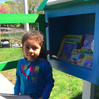 <p>Alexa Cipriano, 4, grabs a book from the Little Library located at the entrance to the Norwalk Department of Health.</p>