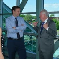 <p>Fairfield First Selectman Mike Tetreau shows U.S. Sen. Chris Murphy the potential for development of the area around the Fairfield Metro train station.</p>