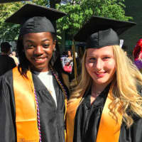 <p>Kiana Nowlin and Kacie Thompson, both of Stamford, pose for a photograph before AITE&#x27;s graduation ceremony Tuesday. Nowlin is attending UConn while Thompson is attending Norwalk Community College next year. Nowlin was one of the speakers.</p>