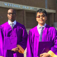 <p>Westhill High School graduates Gesson Charleston, who plans on attending Norwalk Community College for nursing and Jeremy Gonzalez who will study business at UCONN.</p>