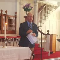 <p>Danbury Mayor Mark Boughton speaks at the Interfaith Vigil for the victims of the Orlando shooting.</p>