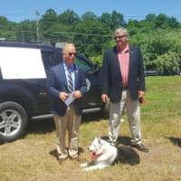 <p>On Tuesday, about 20 people attended the ground breaking ceremony for the unleashed dog park, including Danbury Mayor Mark Boughton (left) and City Council President Joe Cavo with his 12-year-old Border Collie &quot;Nikiti.&quot;</p>