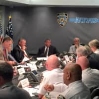 <p>Leading NYPD officials, including Commissioner William Bratton, at a Friday briefing with Mayor Bill de Blasio on the events in Dallas.</p>