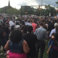<p>Hundreds of people gather in front of Bridgeport police headquarters during a Black Lives Matter march to protest recent killings by police.</p>