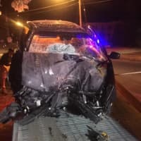 <p>The car that sustained damage in the crash in a photo released by police in upstate Auburn.</p>