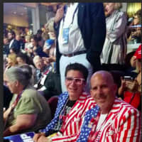 <p>Two well-dressed participants at the Republican National Convention turn up decked out in red, white and blue.</p>