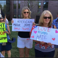 <p>Protesters stage a &quot;Love Trumps Hate&quot; rally outside the SHU campus</p>