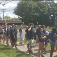 <p>A long line of incoming freshman waited in line to enter WestConn at its &quot;Entering the Gates&quot; ceremony</p>