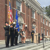 <p>New Canaan Police Chief Leon Krolikowski speaking during the 9/11 memorial event Friday morning in front of New Canaan Town Hall.</p>