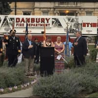 <p>Danbury Mayor Mark Boughton with Vycki Higley Pratt and Amanda Higley at the Sept. 11 Memorial Remembrance Gathering on Friday evening at Elmwood Park. Danbury resident Rob Higley perished in the 9/11 attacks.</p>
