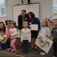 <p>State Sen. Toni Boucher and Merrill Gay, executive director of the Connecticut Early Childhood Alliance, along with children from the Regional YMCA of Western Connecticut Children&#x27;s Center in Bethel.</p>