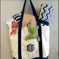 <p>A selection of treats and a DOG monogrammed tote bag filled with essentials for traveling with a dog.</p>