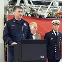 <p>Local 801 Vice President Captain Rob Forbes speaks at the Danbury Professional Fire Fighters, Local 801, IAFF.</p>