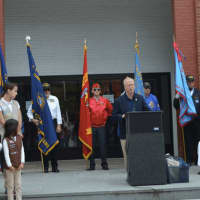 <p>Danbury Mayor Mark Boughton speaks at the Walk of Honor.</p>