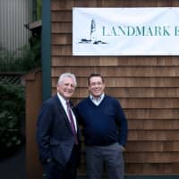 <p>Norwalk Mayor Harry Rilling and Scott Teed of Landmark Exteriors meet at the ribbon cutting.</p>