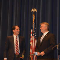 <p>The candidates for the 4th Congressional District — Democratic incumbent Jim Himes, left, and John Shaban, a Republican state rep from Weston, exchange views in a debate at Wilton High School on Sunday.</p>