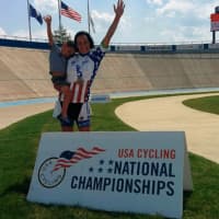 <p>Camie Kornely and her son at the USA Cycling National Championships.</p>