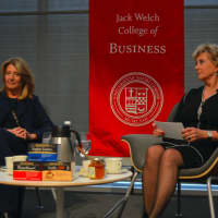 <p>Linda McMahon, right, co-founder of WWE, chats with Bigelow Tea CEO Cindi Bigelow as part of the Women Can Have It All series at Sacred Heart University.</p>