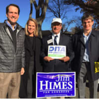 <p>U.S. Rep. Jim Himes, at left, with his wife Mary, supporter Peter Berg and at right Dan Pelletier, husband of Democratic state Representative candidate Dita Bhargava, outside Central Middle School in Greenwich after casting their ballots.</p>