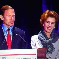 <p>U.S. Sen. Richard Blumenthal making his victory speech Tuesday night with his wife Cynthia beside him.</p>