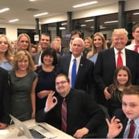 <p>Donald Trump with running mate Mike Pence watching at Trump Tower in Manhattan as returns come in Tuesday night.</p>