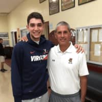 <p>Ty Jerome, left, catches up with Iona Prep basketball coach Vic Quirolo last month.</p>