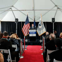 <p>Yonkers Mayor Mike Spano at the groundbreaking at Larkin Plaza.</p>