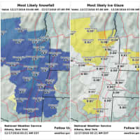 <p>A look at accumulation projections for both snowfall (left) and ice.</p>