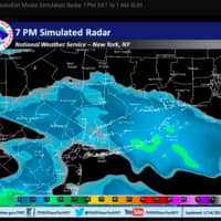 <p>A simulated radar image showing snow overspreading the area at 7 p.m. Saturday.</p>