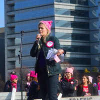 <p>Lisa Boyne, organizer of the Women&#x27;s March for Connecticut, speaking at the event in front of about 3,000 people.</p>