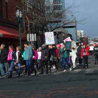 <p>People wave signs and march to have their voices heard in Stamford on Saturday.</p>