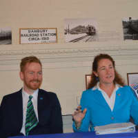 <p>From left, Francis Pickering, executive director at WestCOG (Western Connecticut Council of Governments) and U.S. Rep. Elizabeth Esty (D-5th District), at the Danbury Railroad Museum for a meeting on regional transportation.</p>