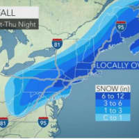 <p>A look at projected snowfall amounts from the storm that will impact the area during the daylight hours Thursday.</p>