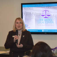 <p>Deb Greenwood, president and CEO of the Center for Family Justice,  speaks at the opening of the Justice Legal Center, the state&#x27;s first legal incubator, which is housed at the Bridgeport center.</p>