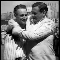 <p>Lou Gehrig and Babe Ruth moments after Gehrig&#x27;s retirement ceremony at Yankee Stadium on July 4, 1939..</p>