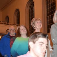 <p>Dozens of people line up to ask U.S. Rep. Jim Himes questions.</p>