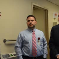 <p>From left, John Callahan, associate director; Sam Rice,  nurse manager, and U.S. Sen. Richard Blumenthal talk at the Stamford Outpatient Veteran Clinic.</p>
