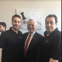 <p>From left, George Pertesis, Norwalk Mayor Harry Rilling, and John Pertesis, at the grand opening and Ribbon cutting to The Simple Greek.</p>